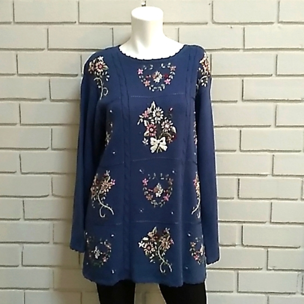 Maggie Lawrence Blue Floral Embroidered beaded Sweater. Size See Measurements